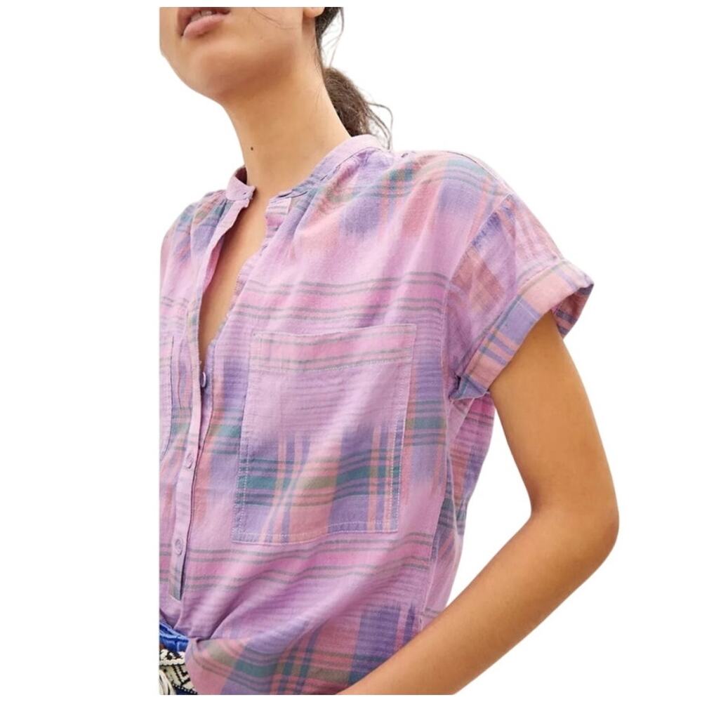 Pilcro Anthropologie Hannah Surf Top Cotton Blouse Soft Lavender Plaid, size XS